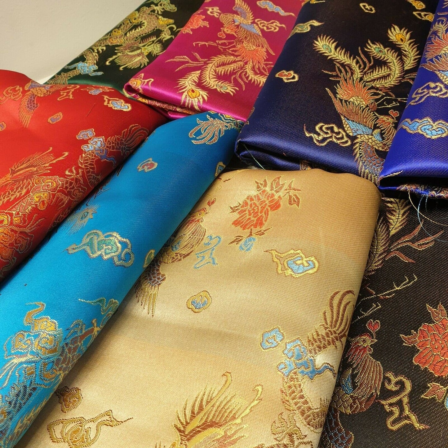 Traditional Chinese Embroidered Brocade Fabric – 36" Wide Poly Silky Satin Oriental Dragon & Floral Material by the Metre