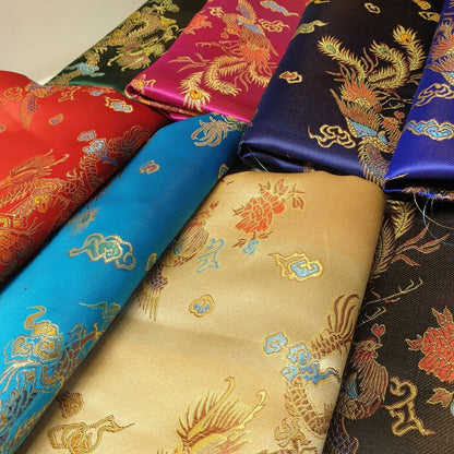 Traditional Chinese Embroidered Brocade Fabric – 36" Wide Poly Silky Satin Oriental Dragon & Floral Material by the Metre