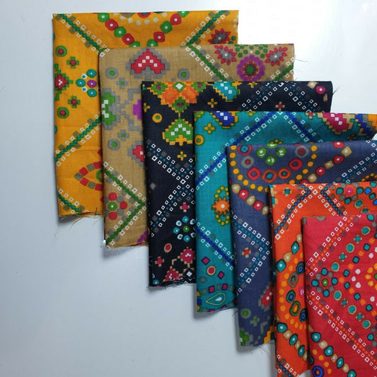 7pc 100% Cotton Fabric Indian Boho Print PreCut 25x25cm Quarters Bundle DIY Patchwork Quilting Material