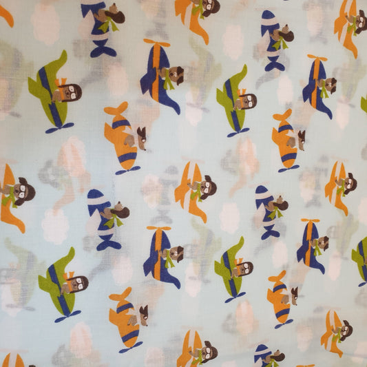 NEW Plane Print Polycotton Craft Dress Fabric by The Metre 44" (Sky Blue Base)