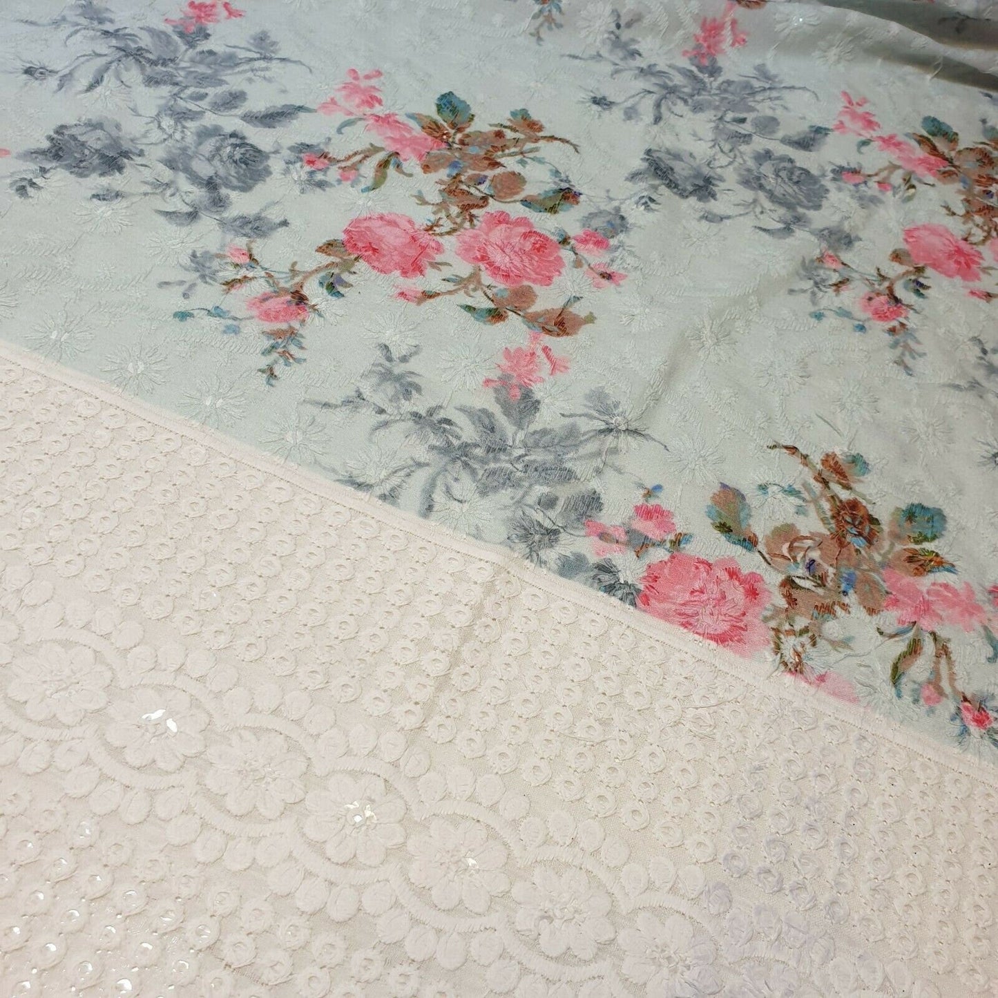 Pure Cotton Broderie Anglaise Fabric – 44" Wide Floral Printed & Embroidered Dress Material