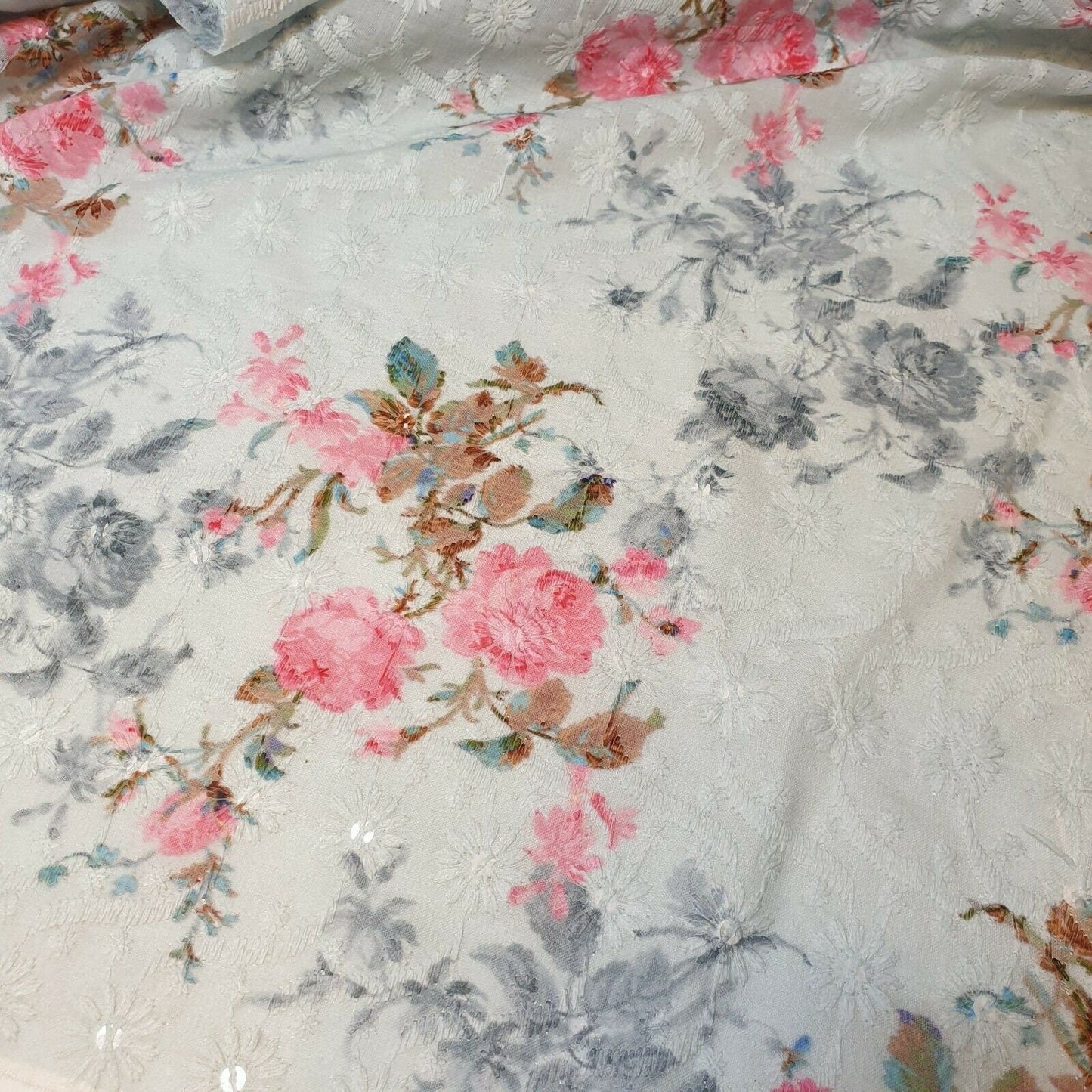 Pure Cotton Broderie Anglaise Fabric – 44" Wide Floral Printed & Embroidered Dress Material