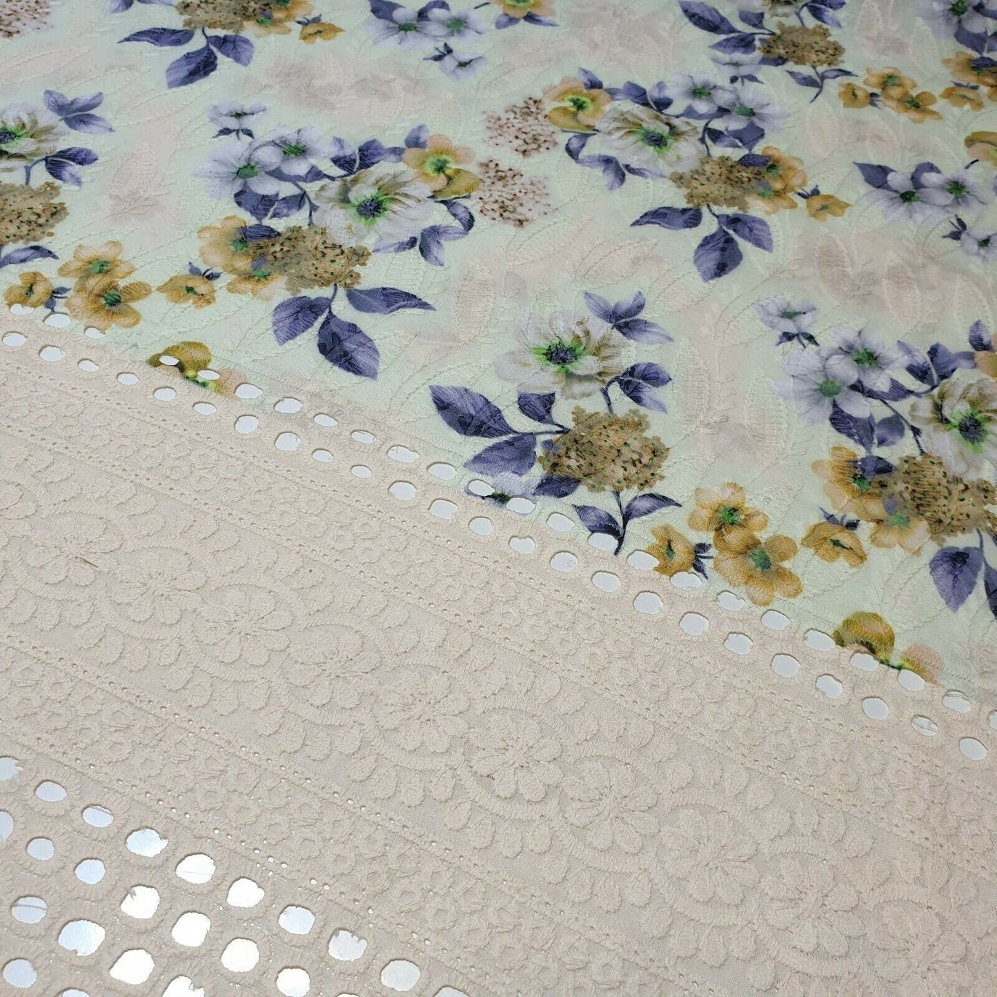Pure Cotton Broderie Anglaise Fabric – 44" Wide Floral Printed & Embroidered Dress Material