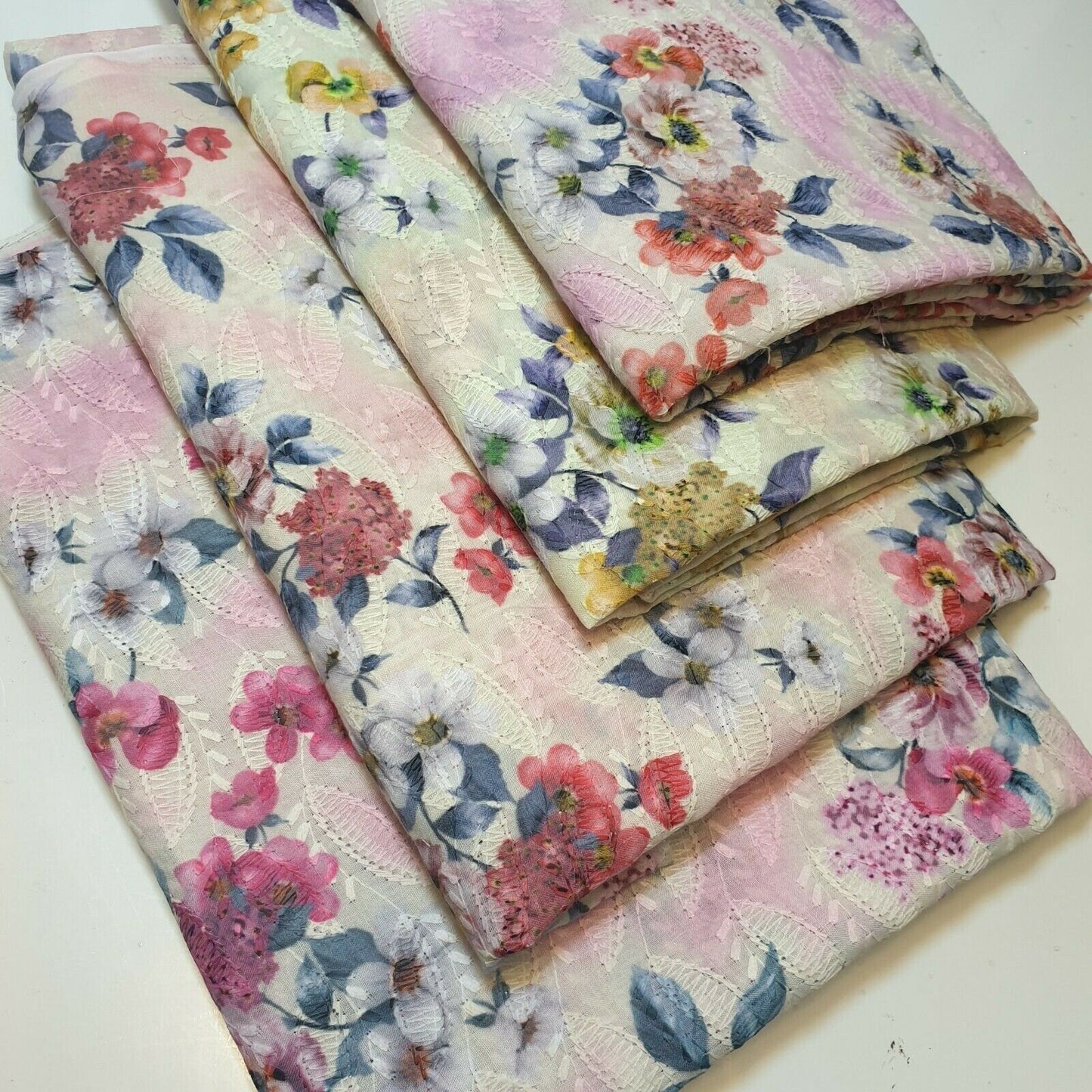 Pure Cotton Broderie Anglaise Fabric – 44" Wide Floral Printed & Embroidered Dress Material