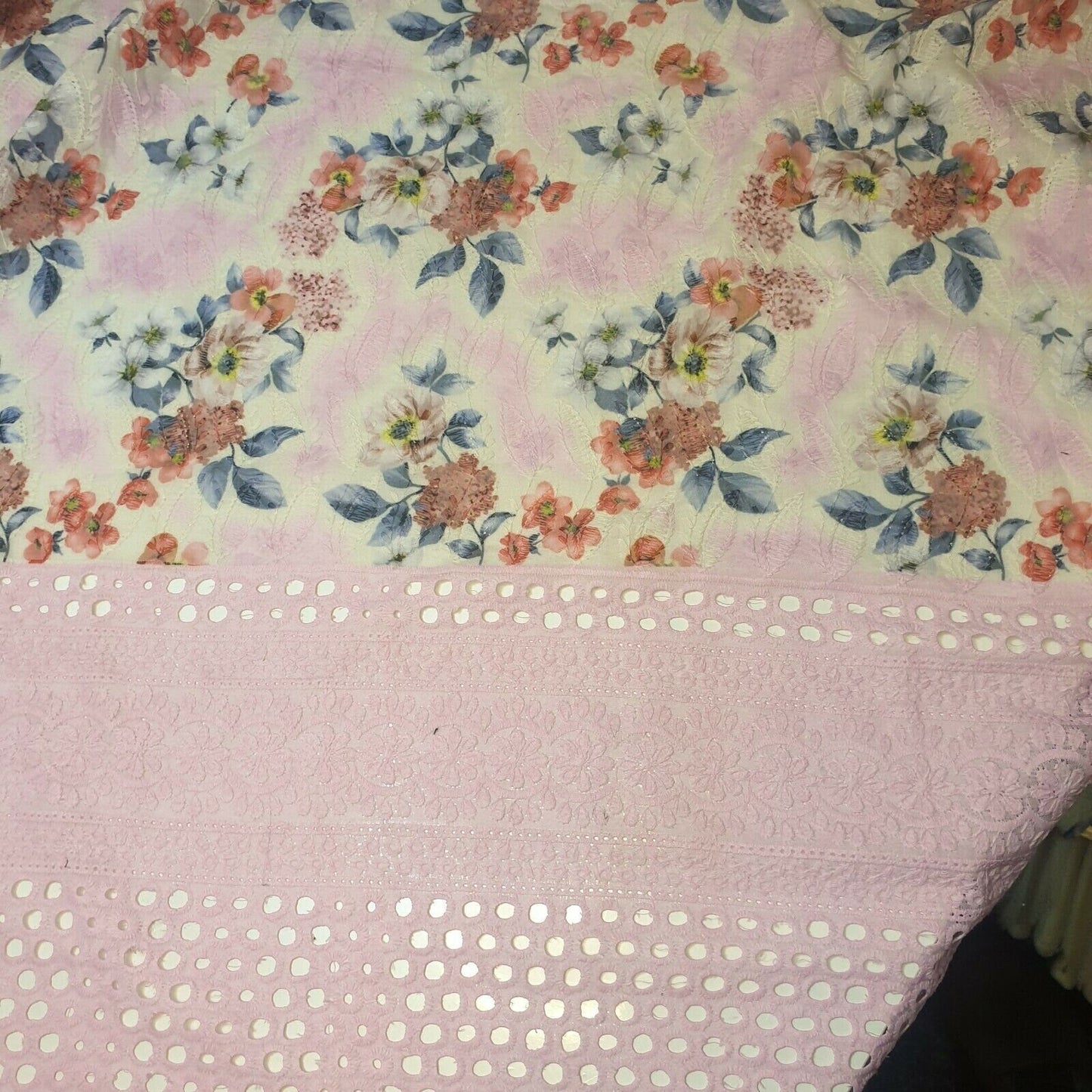 Pure Cotton Broderie Anglaise Fabric – 44" Wide Floral Printed & Embroidered Dress Material