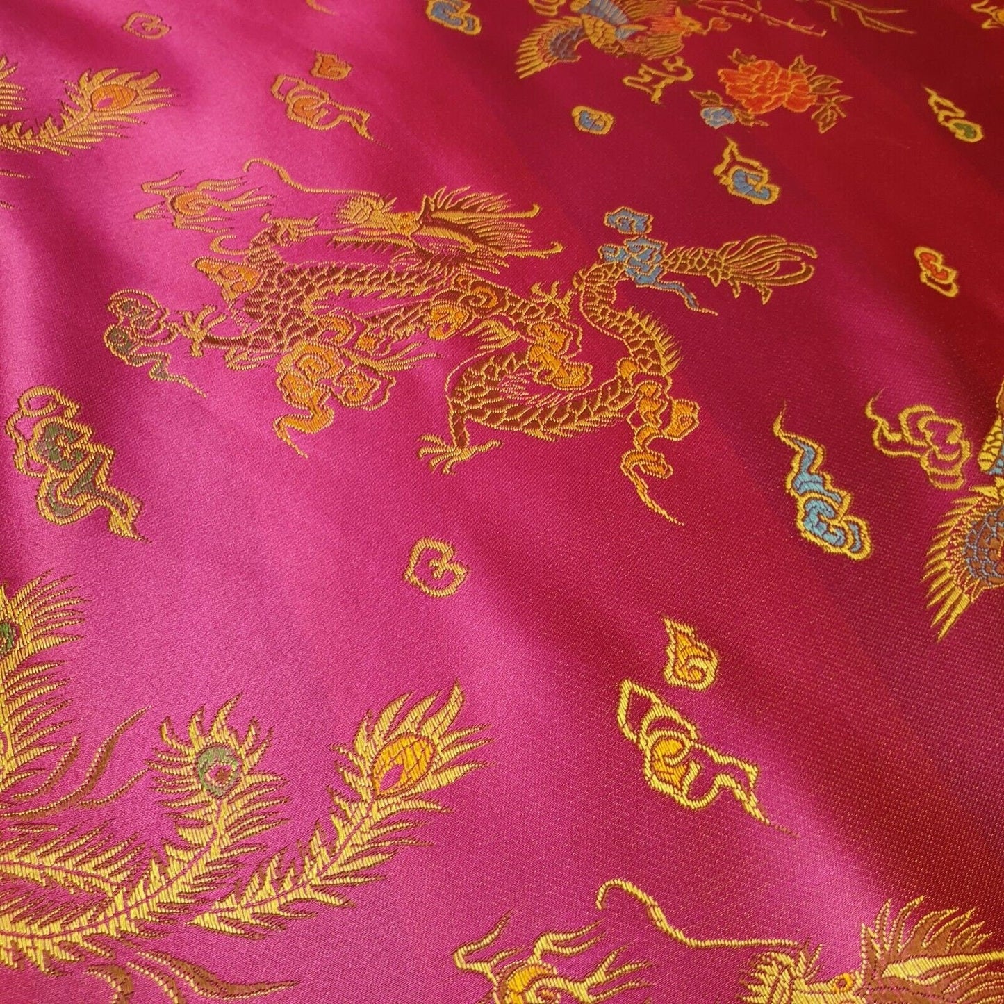 Traditional Chinese Embroidered Brocade Fabric – 36" Wide Poly Silky Satin Oriental Dragon & Floral Material by the Metre