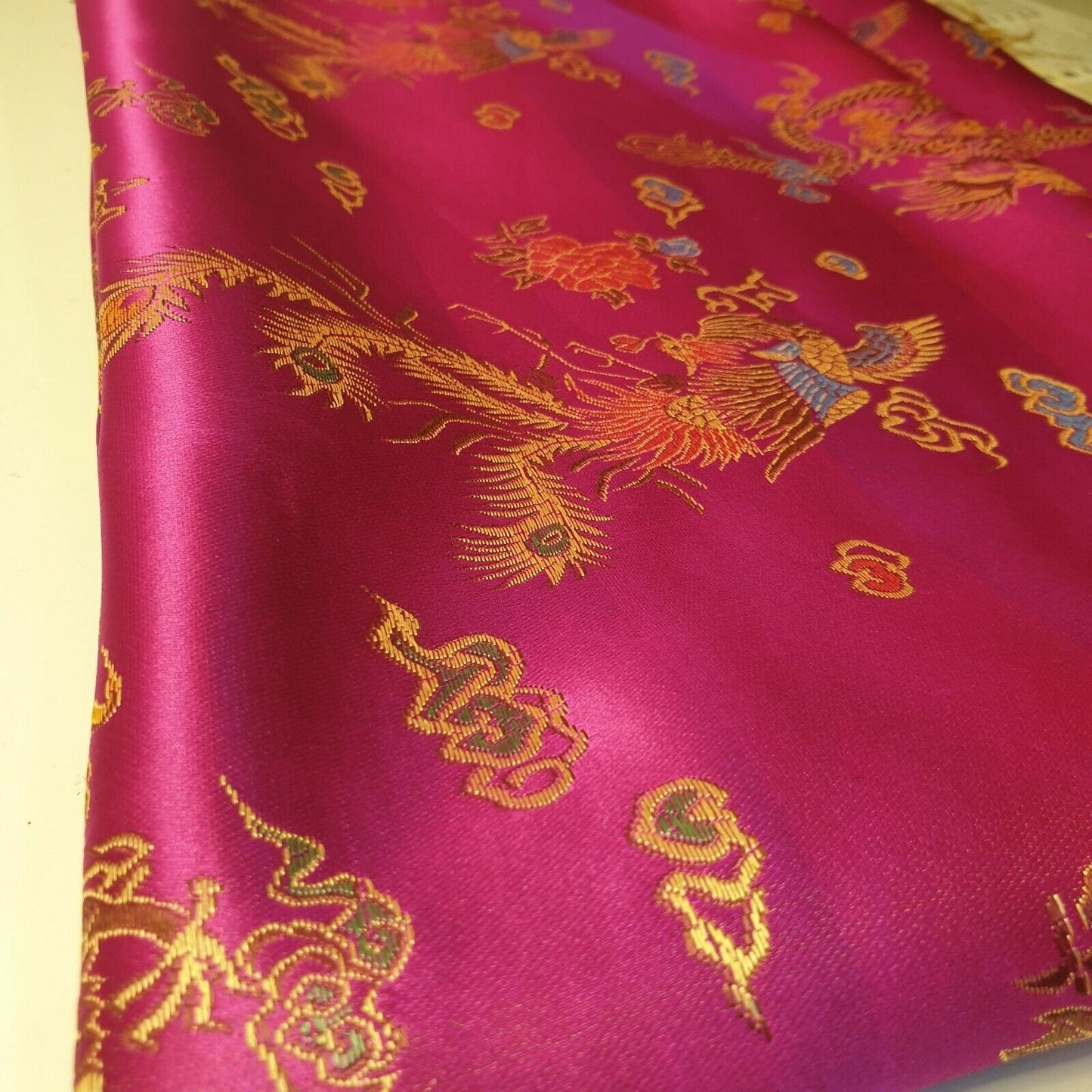 Traditional Chinese Embroidered Brocade Fabric – 36" Wide Poly Silky Satin Oriental Dragon & Floral Material by the Metre