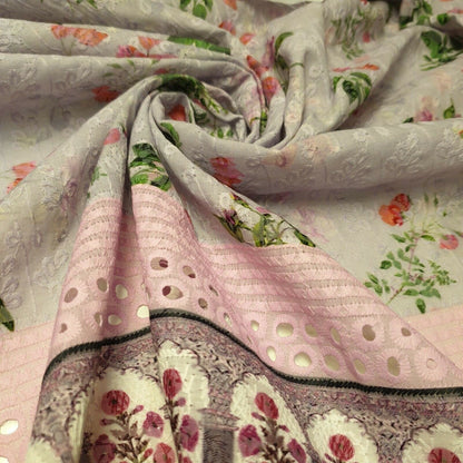 Pure Cotton Broderie Anglaise Fabric – 44" Wide Floral Printed & Embroidered Dress Material