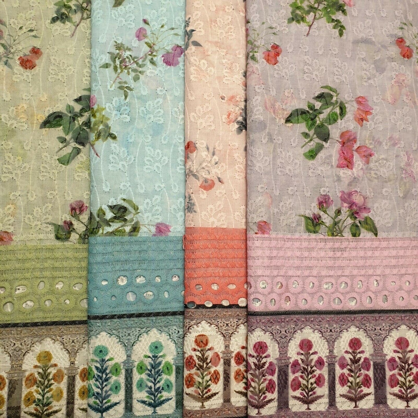 Pure Cotton Broderie Anglaise Fabric – 44" Wide Floral Printed & Embroidered Dress Material
