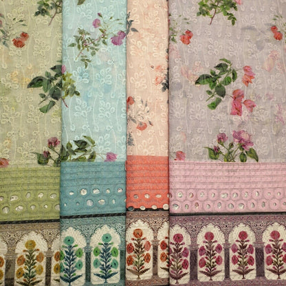 Pure Cotton Broderie Anglaise Fabric – 44" Wide Floral Printed & Embroidered Dress Material