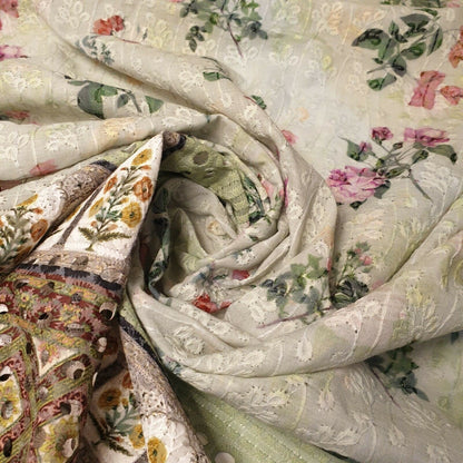 Pure Cotton Broderie Anglaise Fabric – 44" Wide Floral Printed & Embroidered Dress Material