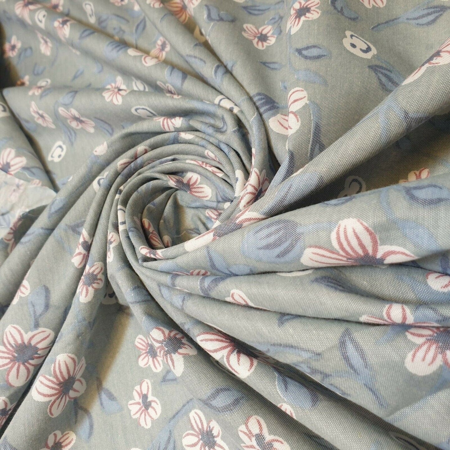 Vintage Floral Print 100% Cotton Japanese Soft Dress Sarong Drape Fabric 58" (Duck Egg)
