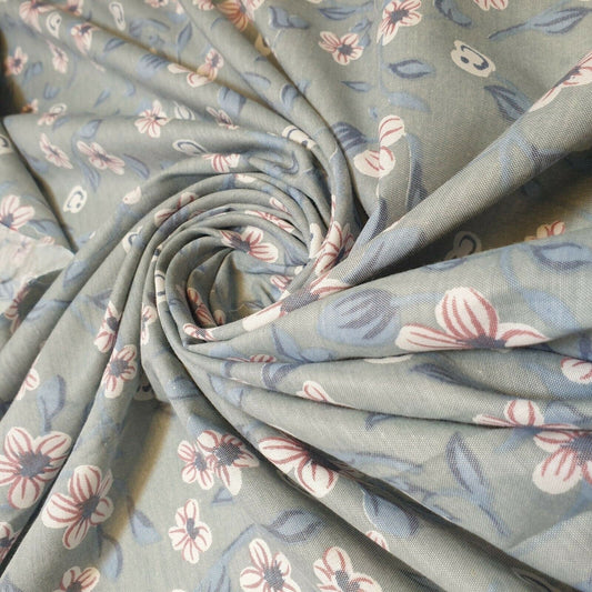 Vintage Floral Print 100% Cotton Japanese Soft Dress Sarong Drape Fabric 58" (Duck Egg)