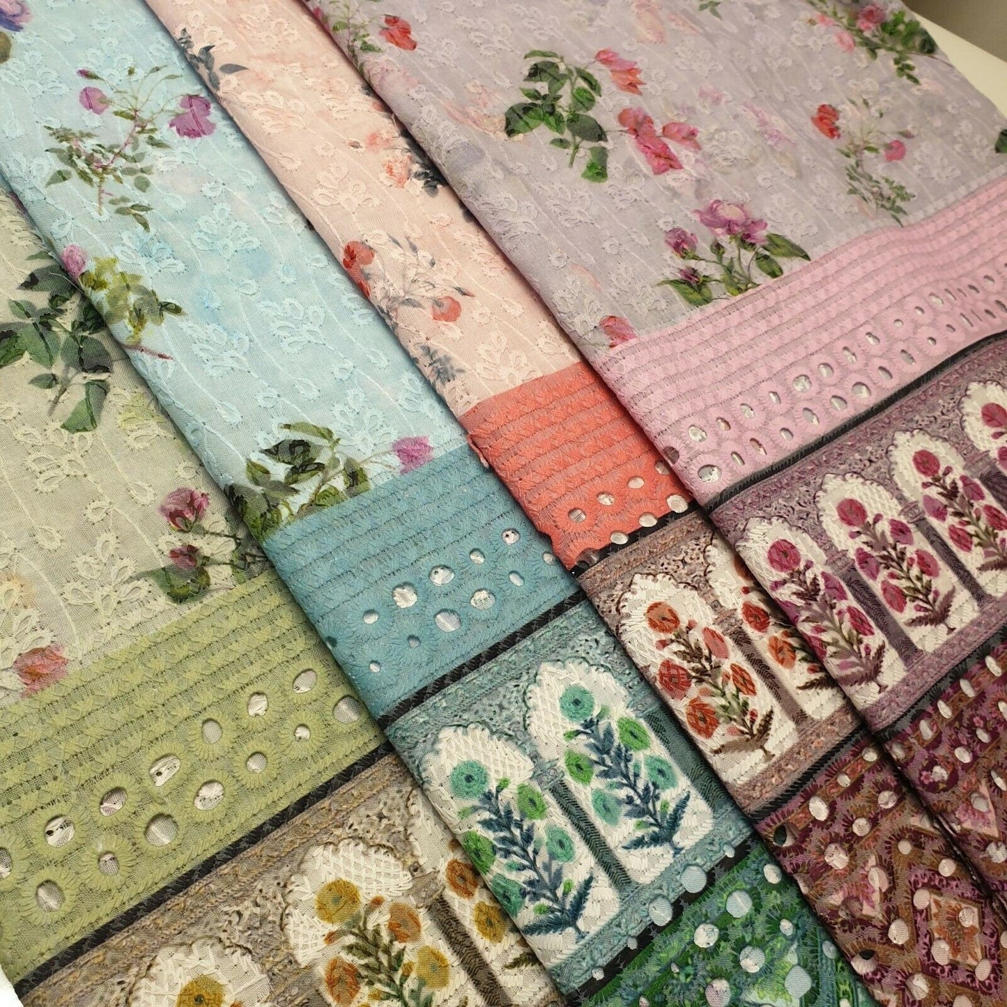 Pure Cotton Broderie Anglaise Fabric – 44" Wide Floral Printed & Embroidered Dress Material