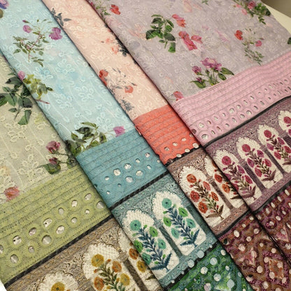 Pure Cotton Broderie Anglaise Fabric – 44" Wide Floral Printed & Embroidered Dress Material