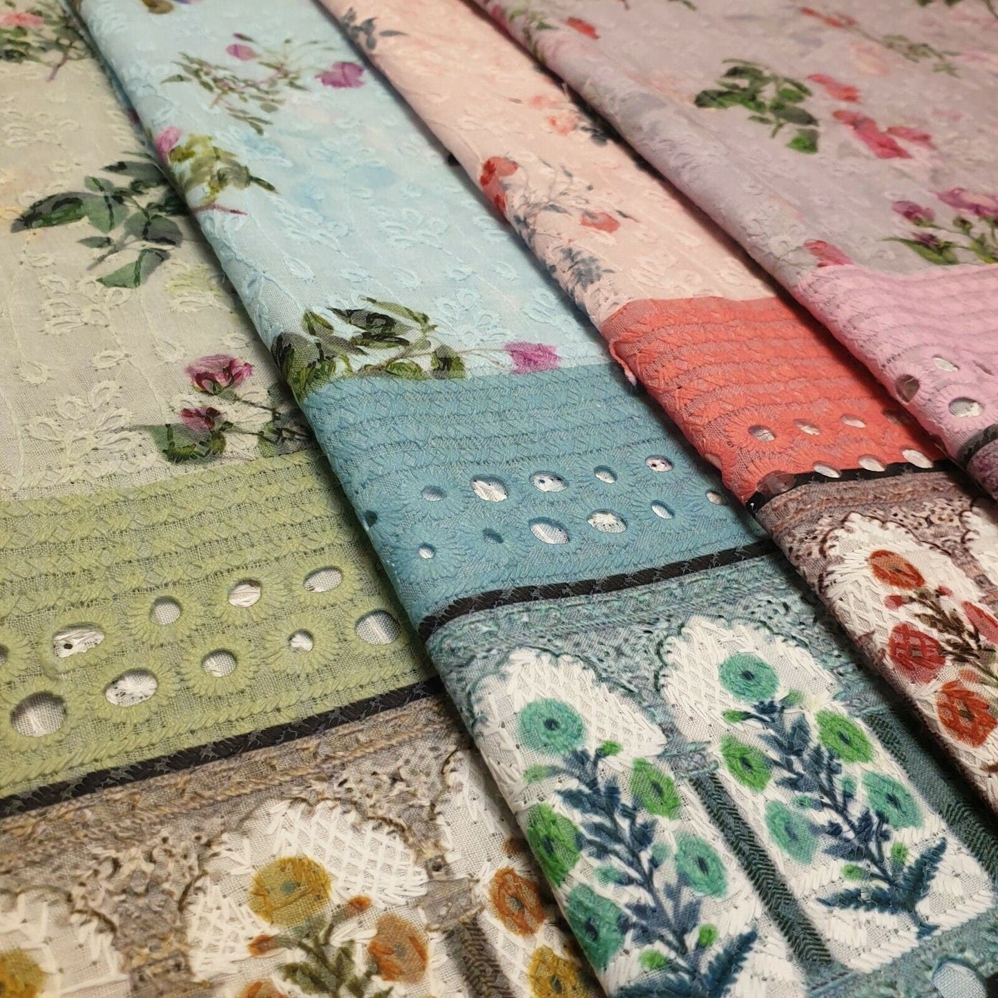 Pure Cotton Broderie Anglaise Fabric – 44" Wide Floral Printed & Embroidered Dress Material