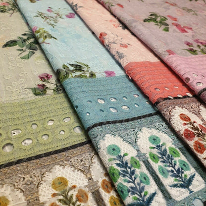 Pure Cotton Broderie Anglaise Fabric – 44" Wide Floral Printed & Embroidered Dress Material