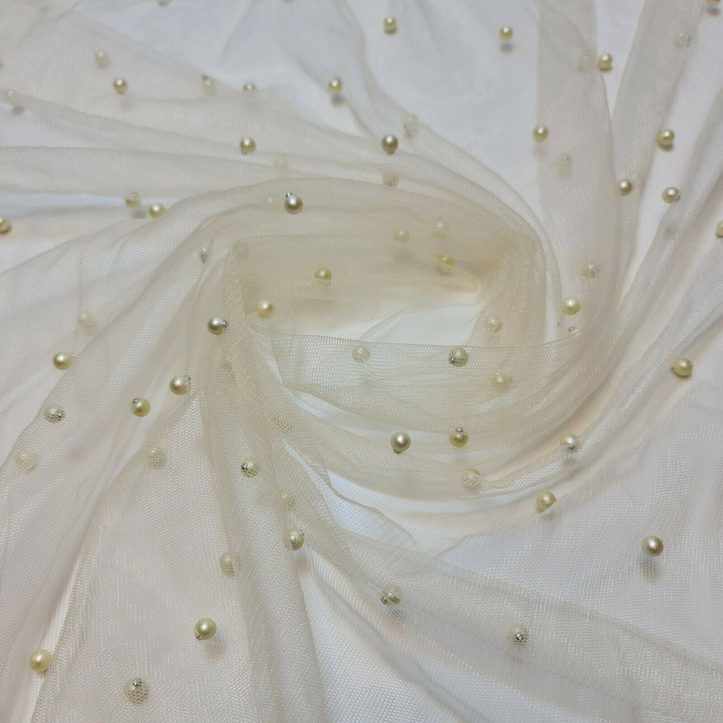 Tulle Beaded Pearl Lace Net Fabric – 58" Wide for Bridal Veils, Wedding Backdrops & Décor