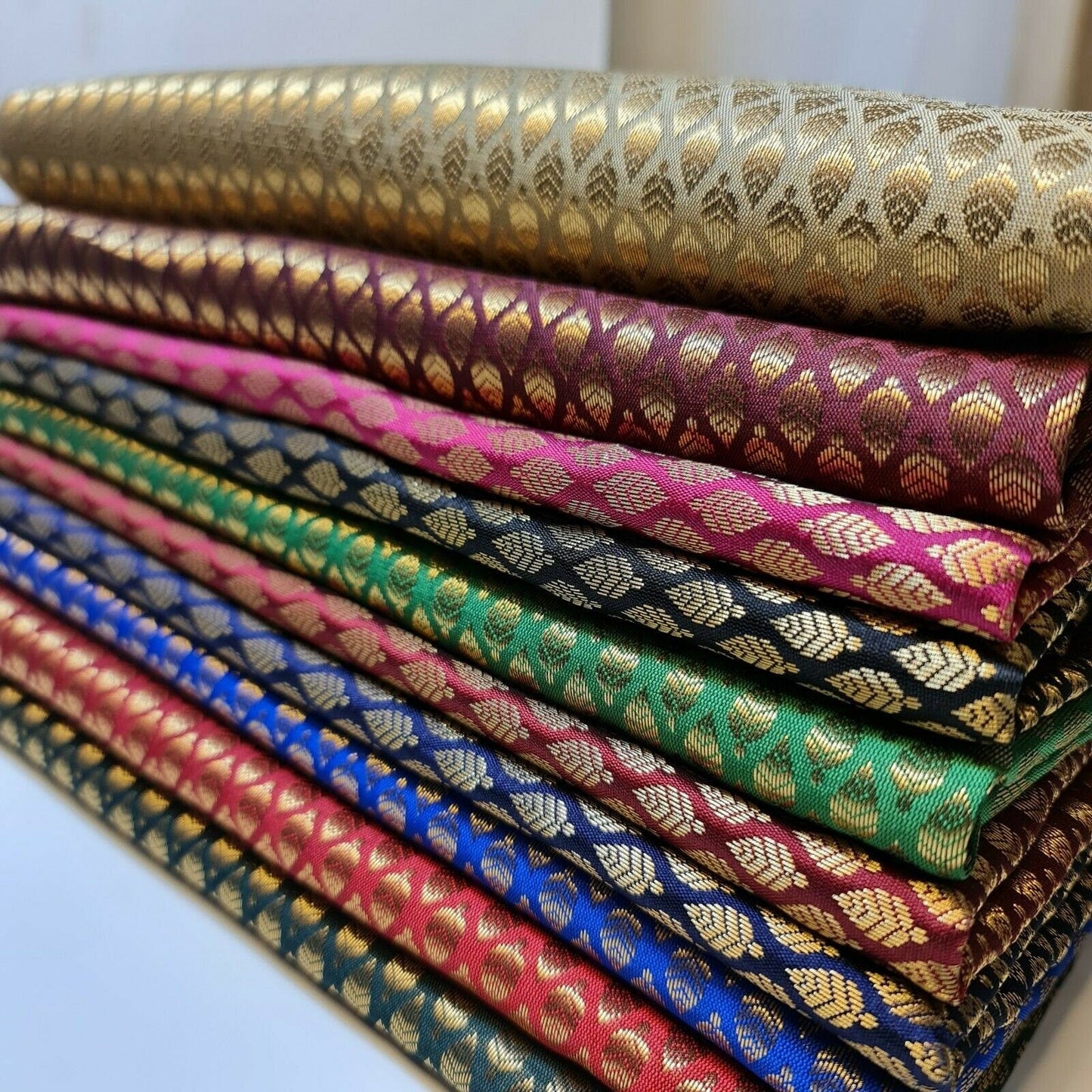 Ditsy Gold Leaf Print Brocade – 44" Wide Premium Floral Jacquard Indian Banarasi Fabric