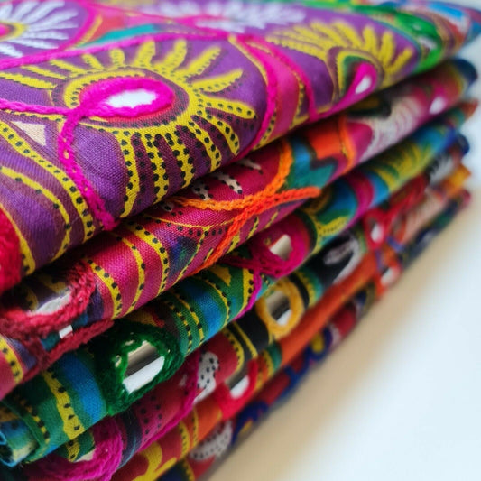 100% Cotton Rajasthani Mirror-Embroidered Fabric | Suzani, Rangoli & Boho Banjara Designs – 44" (112cm) Wide Dressmaking & Craft Material – Sold by the Metre