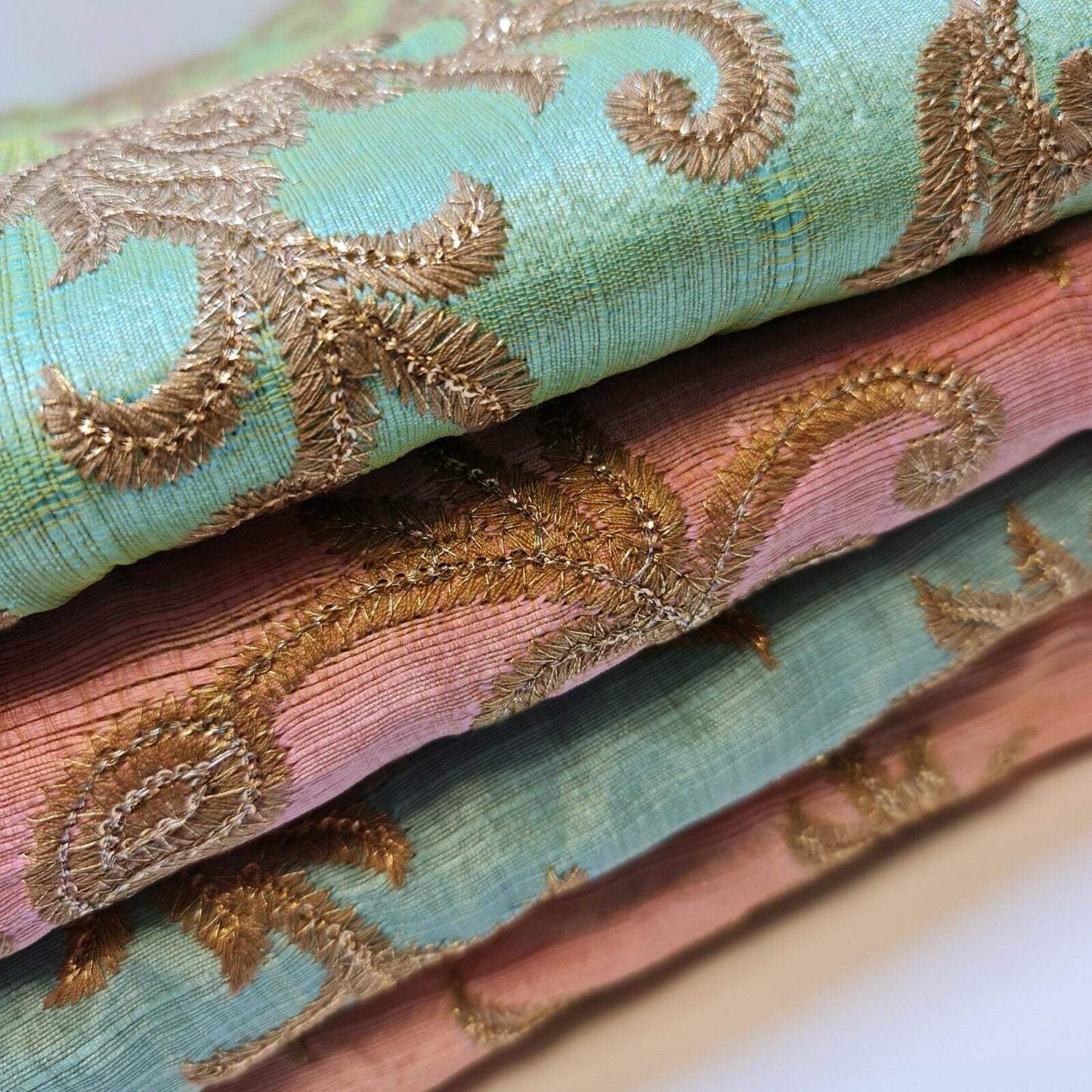 Luxury Faux Raw Silk Embroidered Fabric – Gold Floral Décor, Craft & Dress Material (44" Wide) by the Metre