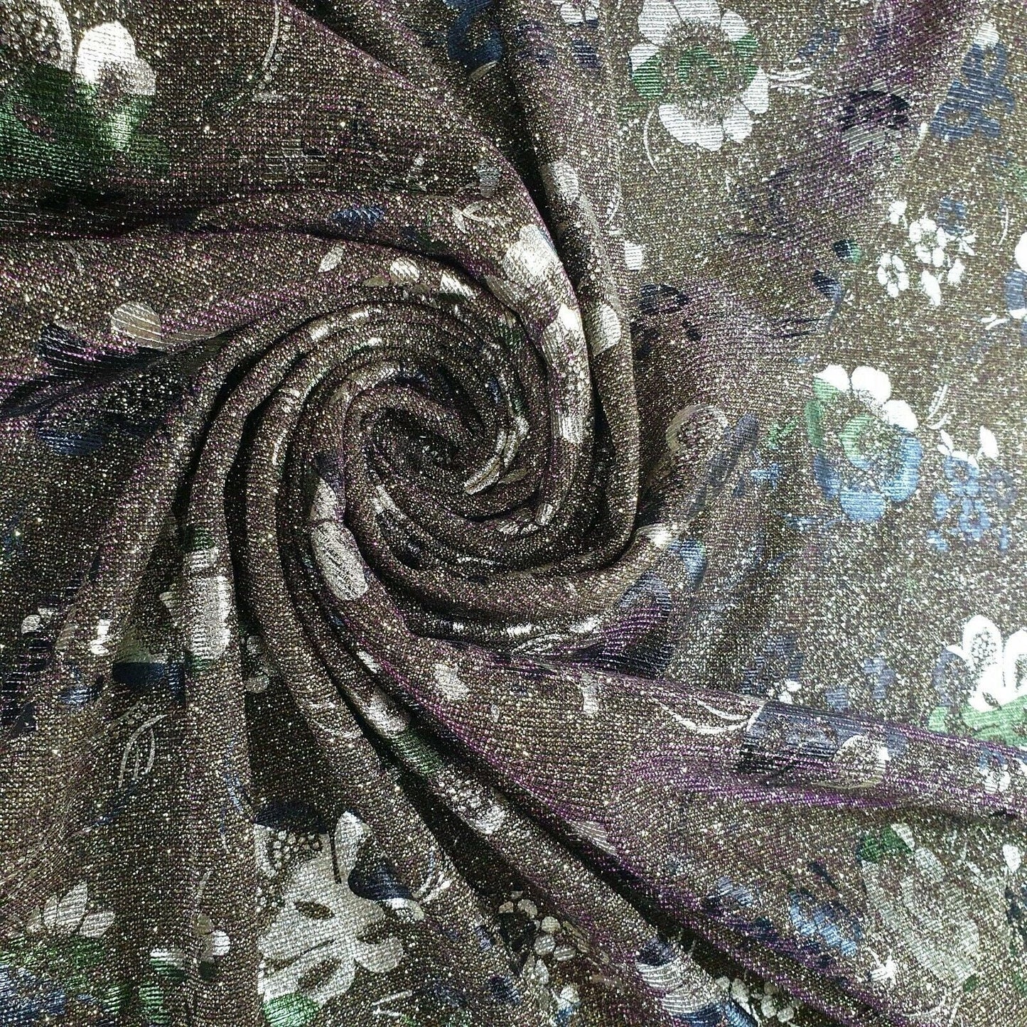 Shimmer Moonlight Floral Printed Glitter Nylon Fabric – 58" Wide Stretch Backdrop, Dress & Craft Material