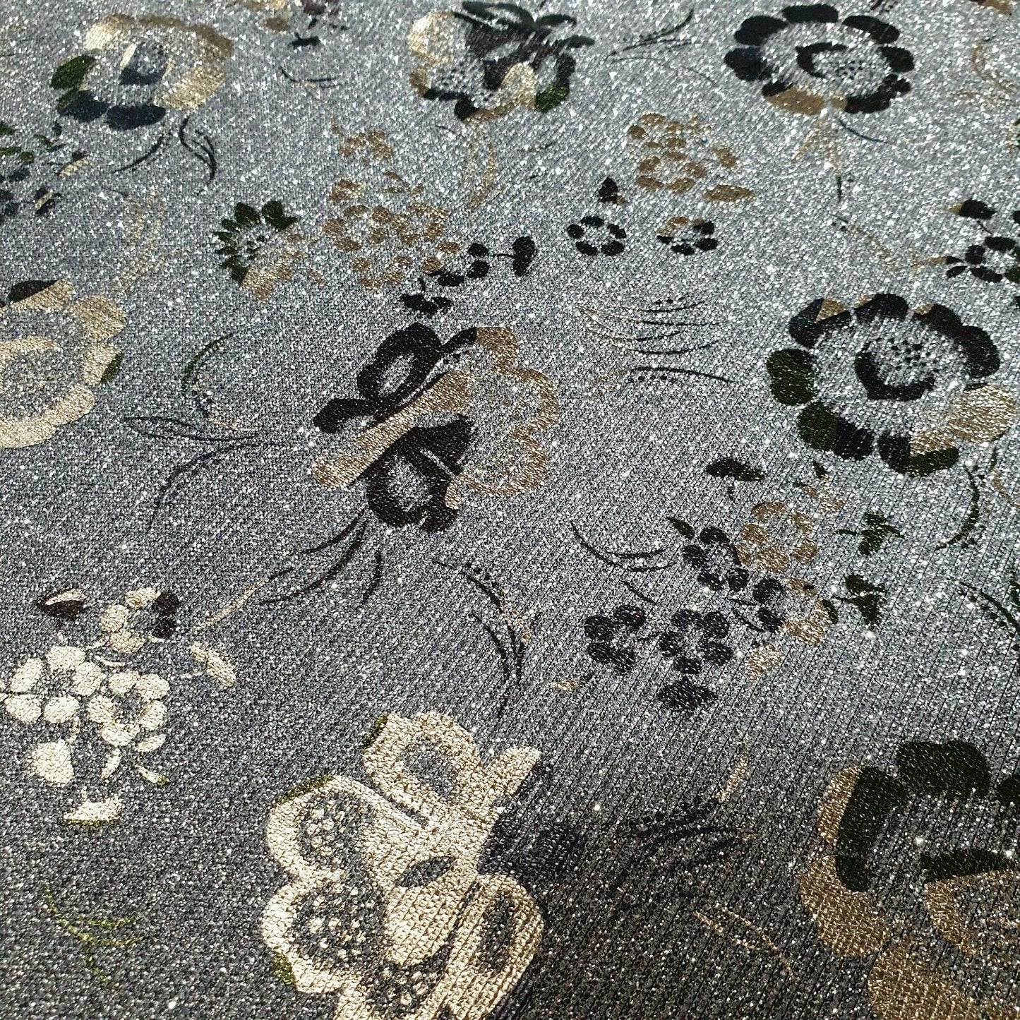 Shimmer Moonlight Floral Printed Glitter Nylon Fabric – 58" Wide Stretch Backdrop, Dress & Craft Material