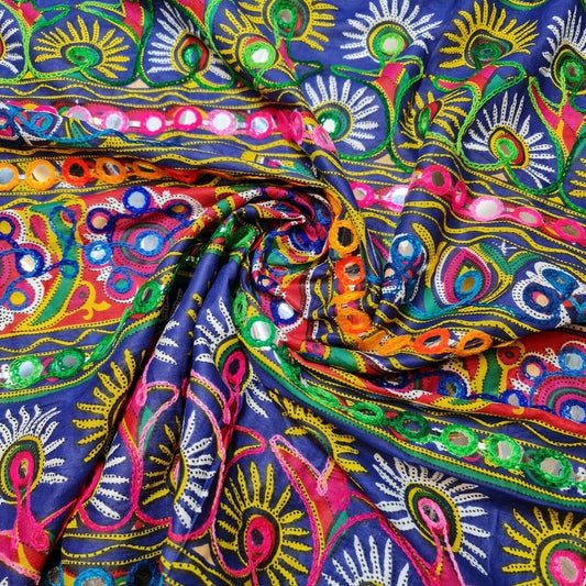 100% Cotton Rajasthani Mirror-Embroidered Fabric – Suzani, Rangoli & Boho Banjara Designs, 44" Wide for Dress & Craft