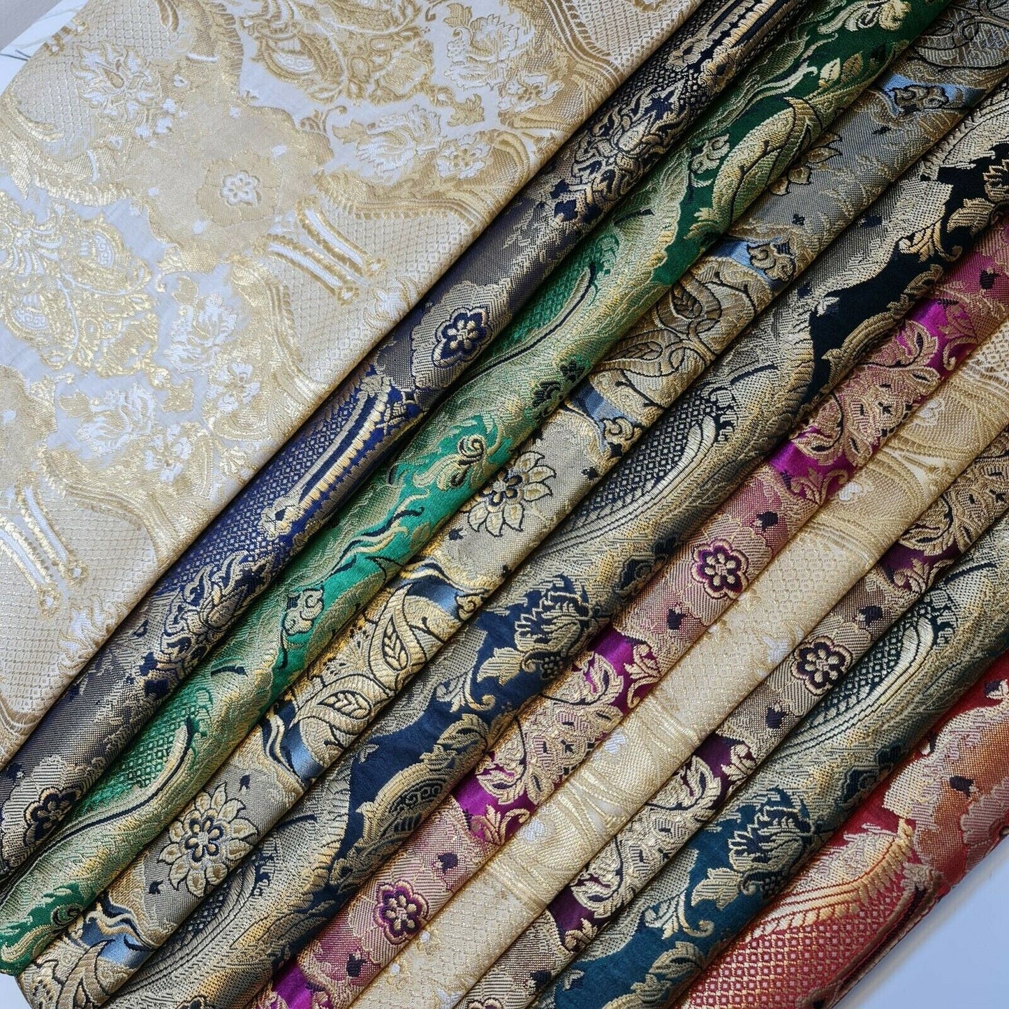 Ornamental Damask Banarasi Brocade Fabric – Premium Indian Gold Metallic Jacquard Material 44" Wide