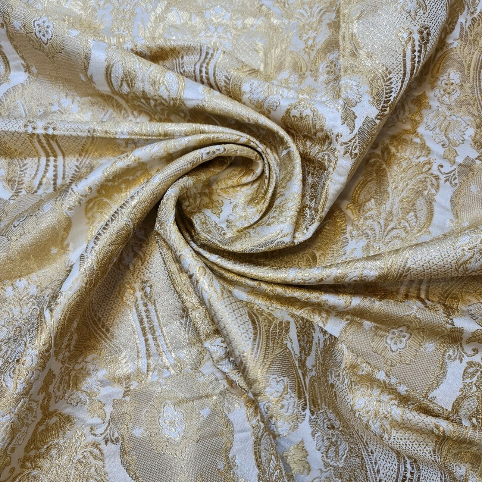 Ornamental Damask Banarasi Brocade Fabric – Premium Indian Gold Metallic Jacquard Material 44