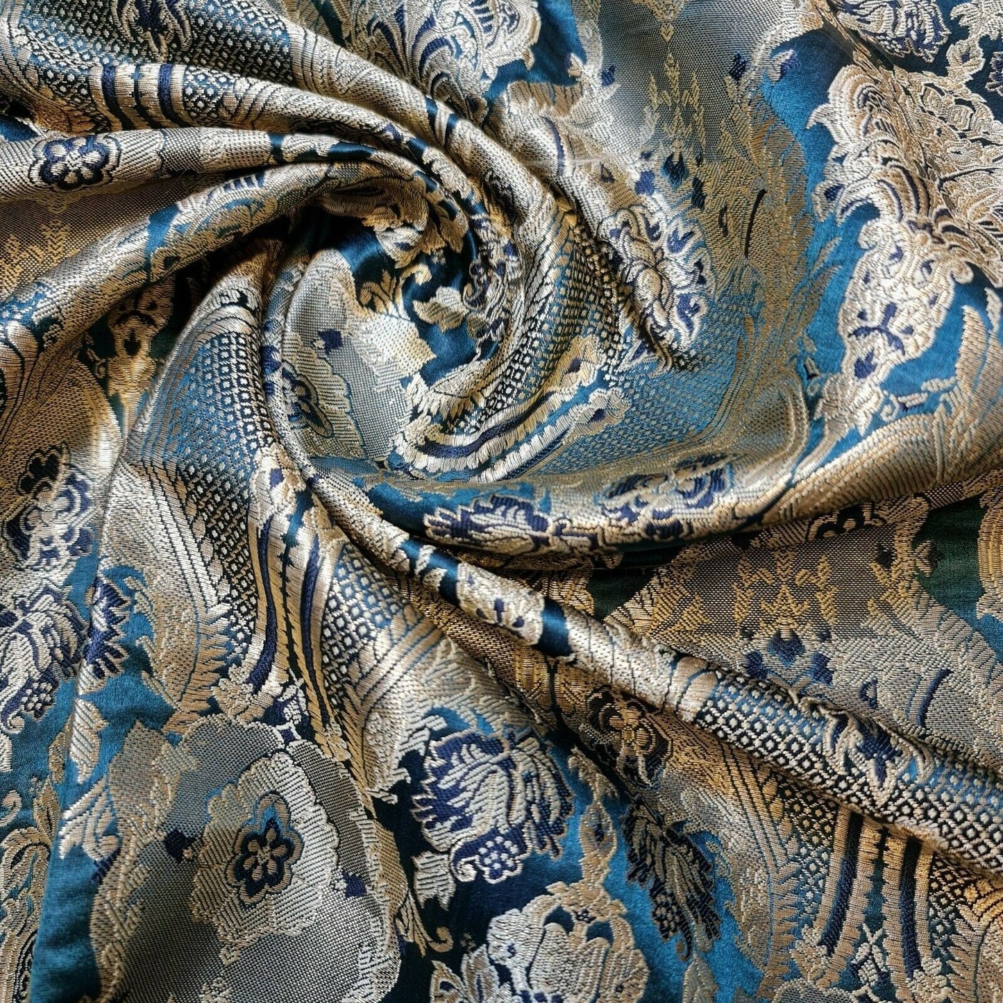 Ornamental Damask Banarasi Brocade Fabric – Premium Indian Gold Metallic Jacquard Material 44" Wide