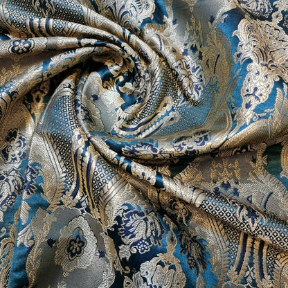 Ornamental Damask Banarasi Brocade Fabric – Premium Indian Gold Metallic Jacquard Material 44" Wide