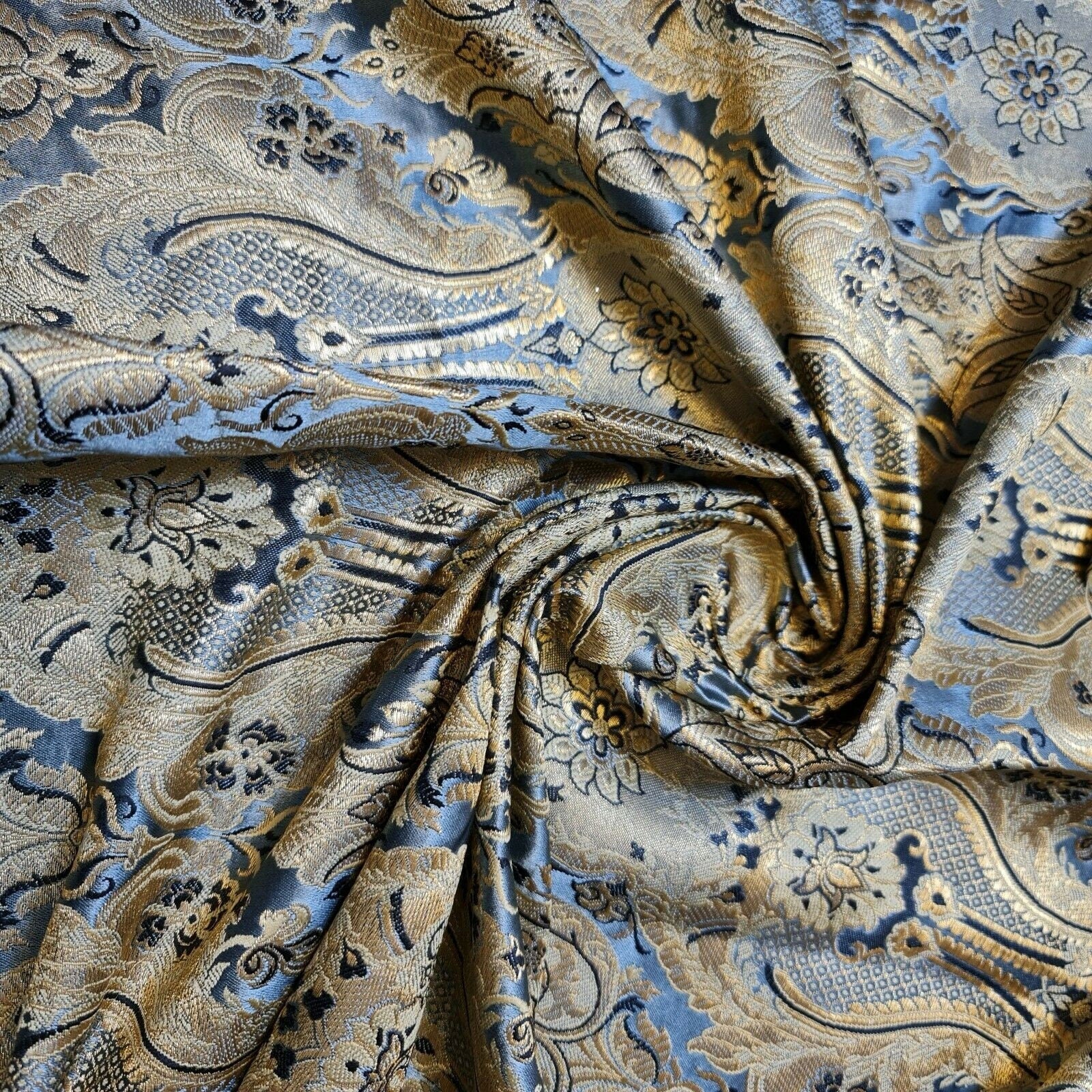 Ornamental Damask Banarasi Brocade Fabric – Premium Indian Gold Metallic Jacquard Material 44