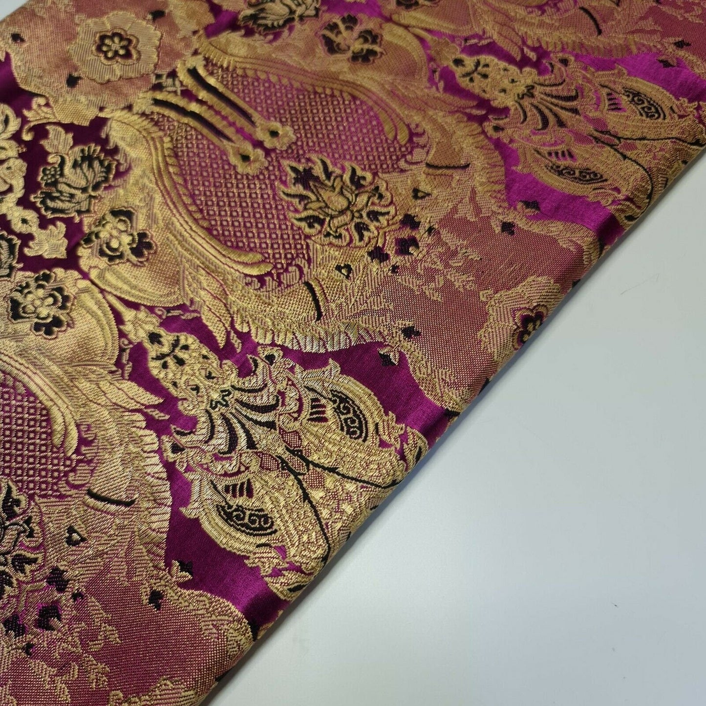 Ornamental Damask Banarasi Brocade Fabric – Premium Indian Gold Metallic Jacquard Material 44" Wide