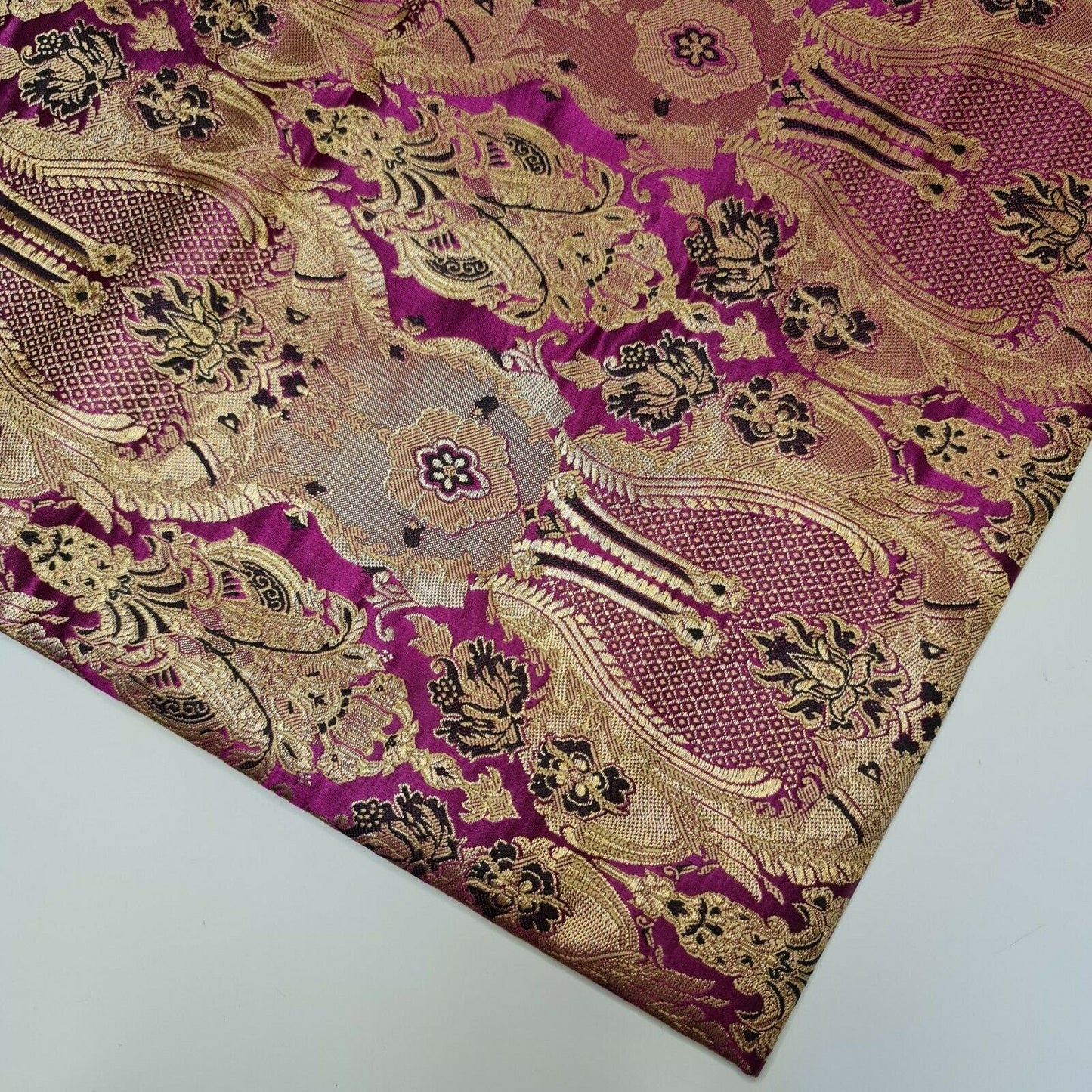 Ornamental Damask Banarasi Brocade Fabric – Premium Indian Gold Metallic Jacquard Material 44" Wide