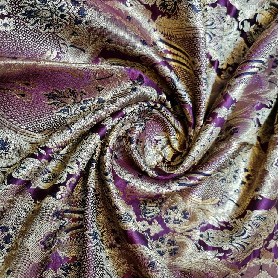 Ornamental Damask Banarasi Brocade Fabric – Premium Indian Gold Metallic Jacquard Material 44