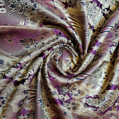 Ornamental Damask Banarasi Brocade Fabric – Premium Indian Gold Metallic Jacquard Material 44" Wide