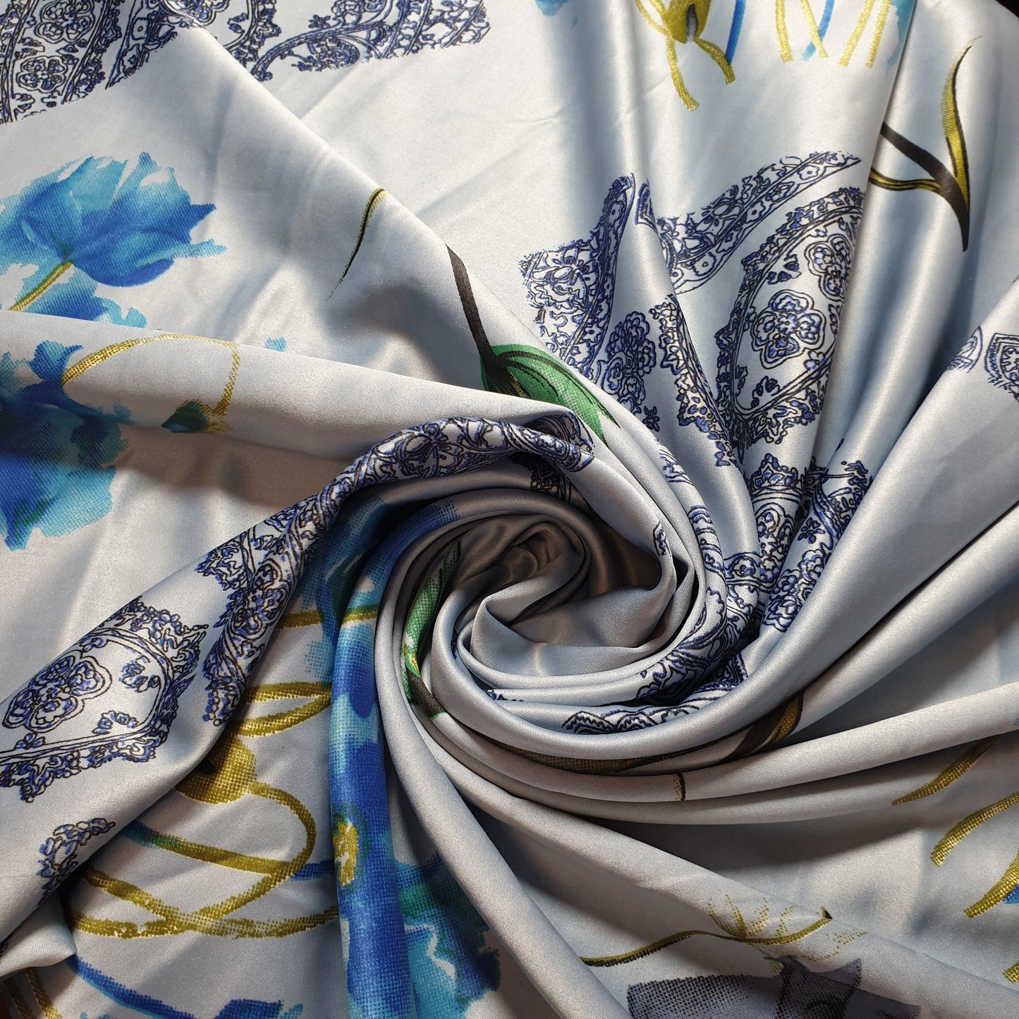 Floral Silk Satin Printed Fabric – 58" Wide Soft Silky Dress & Drape Material by the Metre