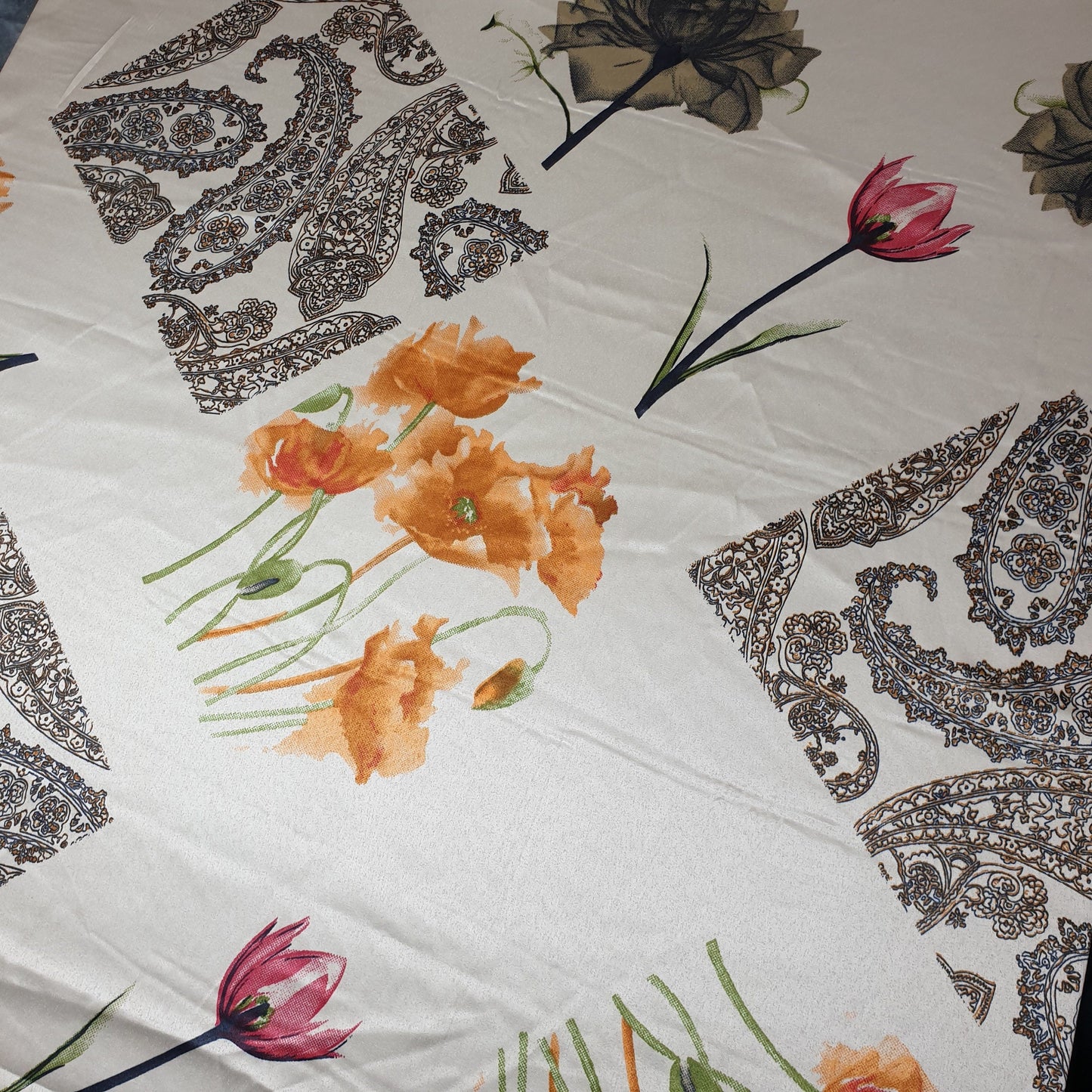 Floral Silk Satin Printed Fabric – 58" Wide Soft Silky Dress & Drape Material by the Metre