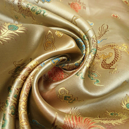 Traditional Chinese Embroidered Brocade Fabric – 36" Wide Poly Silky Satin Oriental Dragon & Floral Material by the Metre