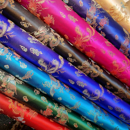 Traditional Chinese Embroidered Brocade Fabric – 36" Wide Poly Silky Satin Oriental Dragon & Floral Material by the Metre