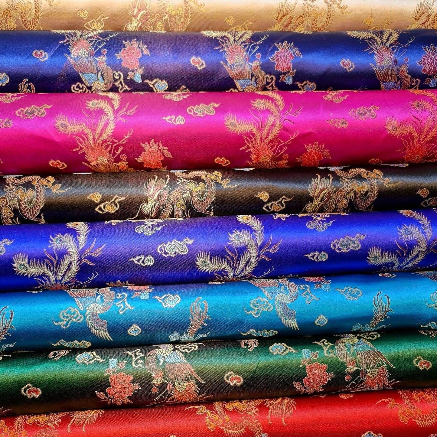 Traditional Chinese Embroidered Brocade Fabric – 36" Wide Poly Silky Satin Oriental Dragon & Floral Material by the Metre