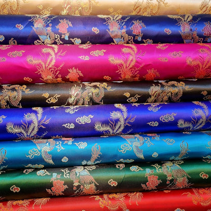 Traditional Chinese Embroidered Brocade Fabric – 36" Wide Poly Silky Satin Oriental Dragon & Floral Material by the Metre