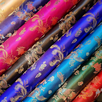 Traditional Chinese Embroidered Brocade Fabric – 36" Wide Poly Silky Satin Oriental Dragon & Floral Material by the Metre
