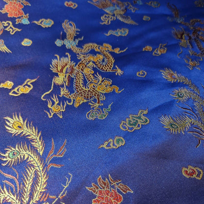 Traditional Chinese Embroidered Brocade Fabric – 36" Wide Poly Silky Satin Oriental Dragon & Floral Material by the Metre
