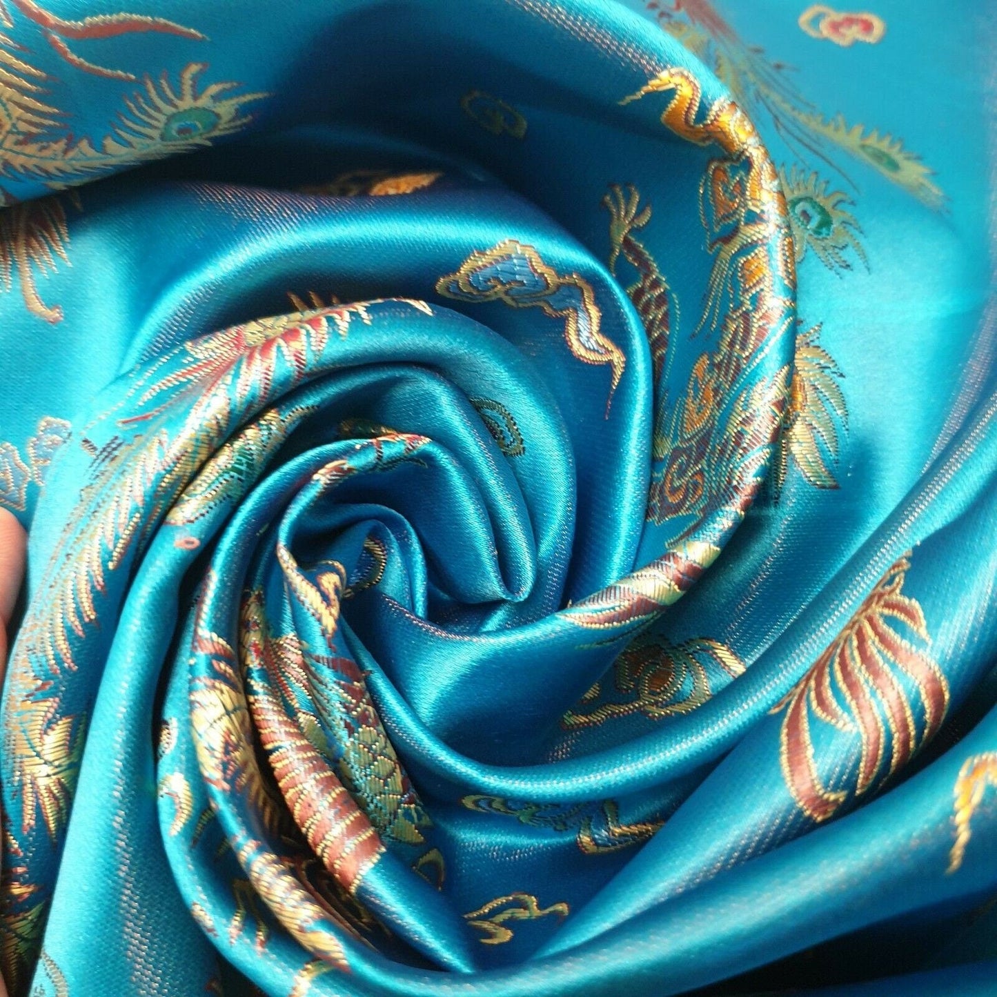 Traditional Chinese Embroidered Brocade Fabric – 36" Wide Poly Silky Satin Oriental Dragon & Floral Material by the Metre