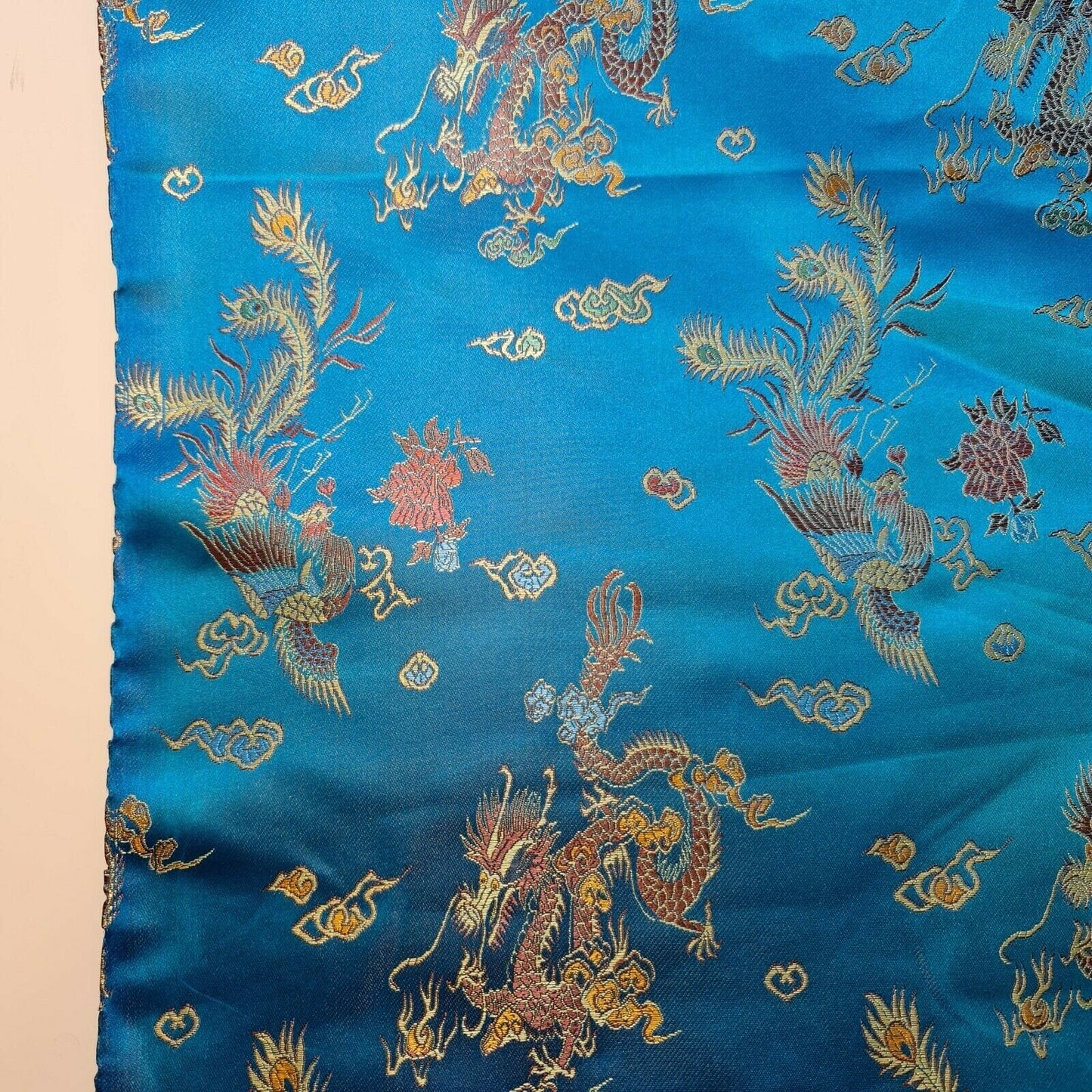 Traditional Chinese Embroidered Brocade Fabric – 36" Wide Poly Silky Satin Oriental Dragon & Floral Material by the Metre