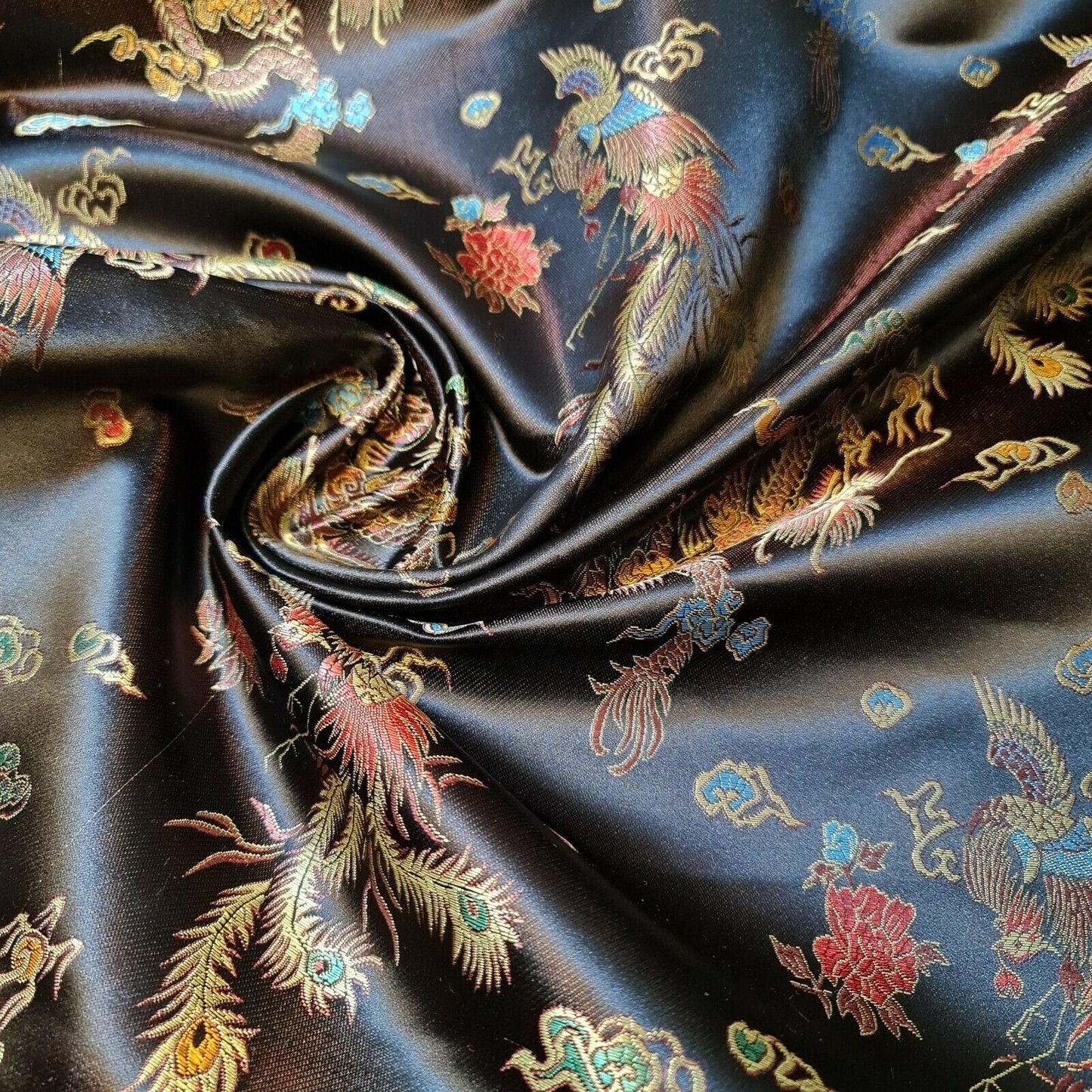 Traditional Chinese Embroidered Brocade Fabric – 36" Wide Poly Silky Satin Oriental Dragon & Floral Material by the Metre