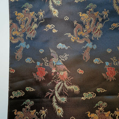 Traditional Chinese Embroidered Brocade Fabric – 36" Wide Poly Silky Satin Oriental Dragon & Floral Material by the Metre