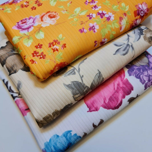 Floral Stripe Ribbed Poly Viscose Stretch Jersey Fabric | 58" (147cm) Wide Dressmaking & Craft Material – Sold by the Meter